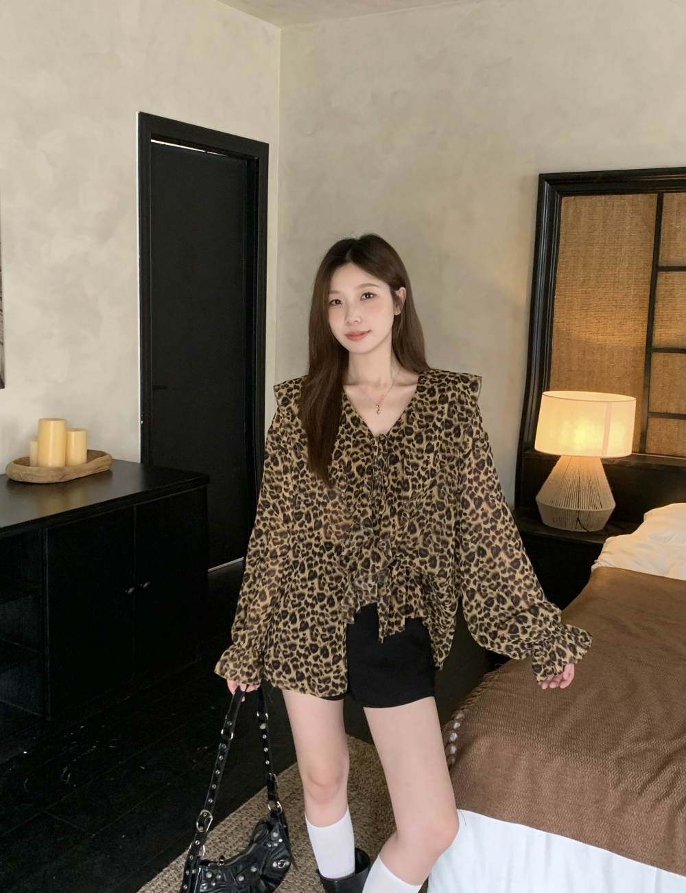 Leopard spring large yard tops slim all-match retro shirt