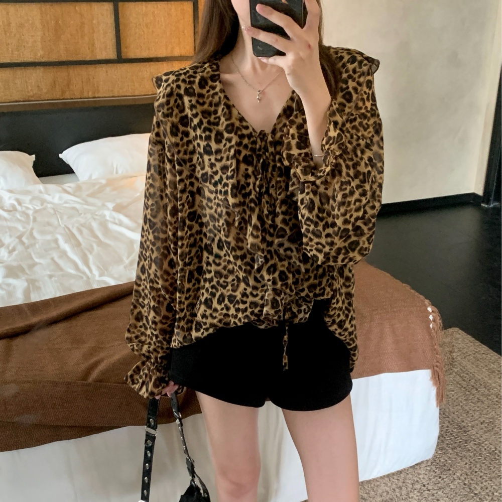 Leopard spring large yard tops slim all-match retro shirt