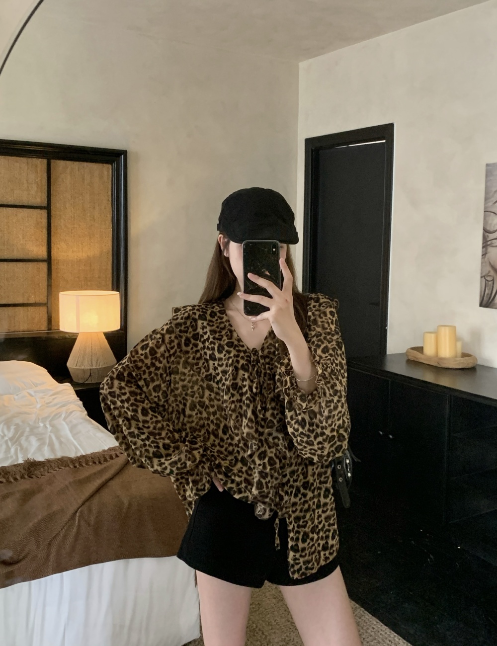 Leopard spring large yard tops slim all-match retro shirt