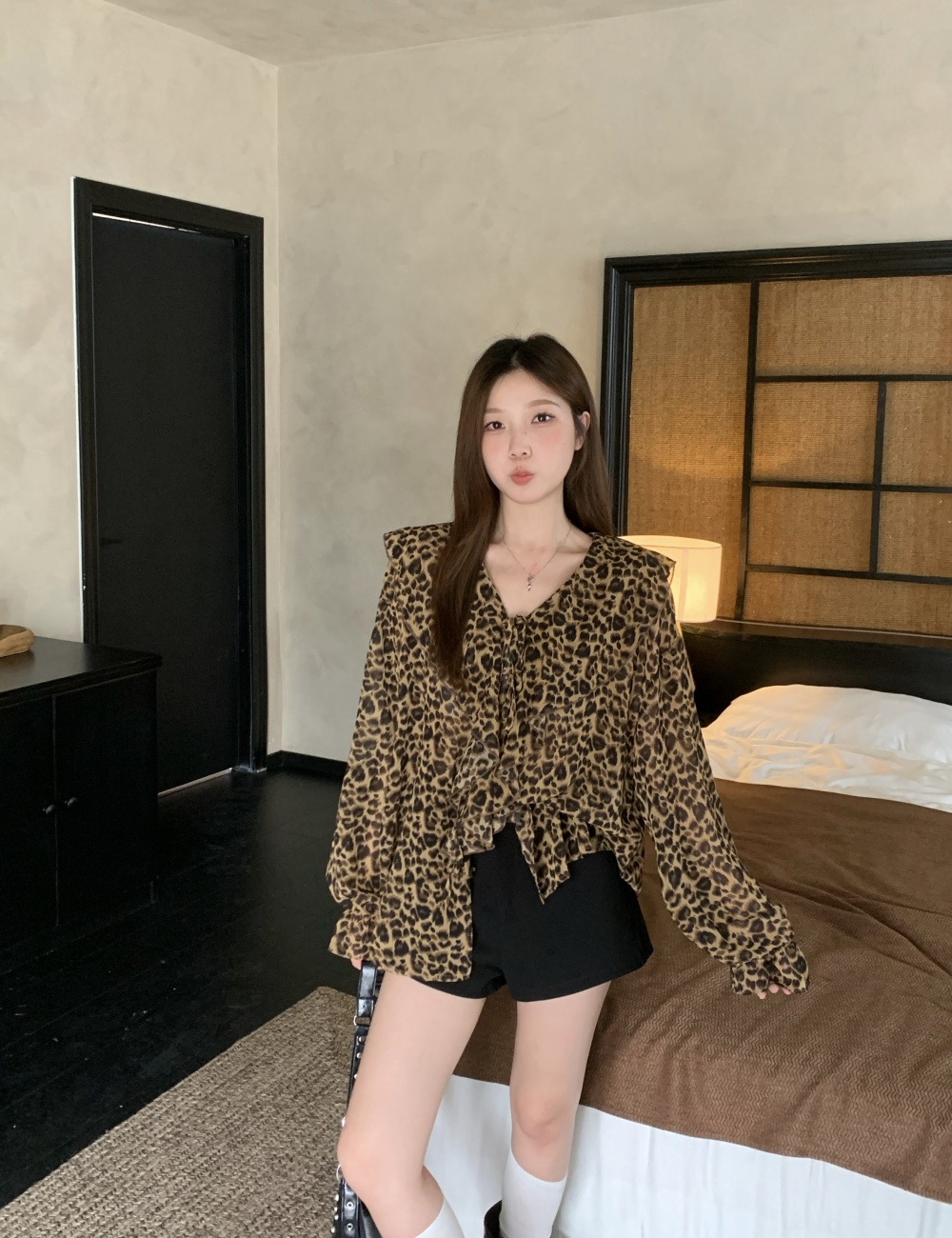 Leopard spring large yard tops slim all-match retro shirt