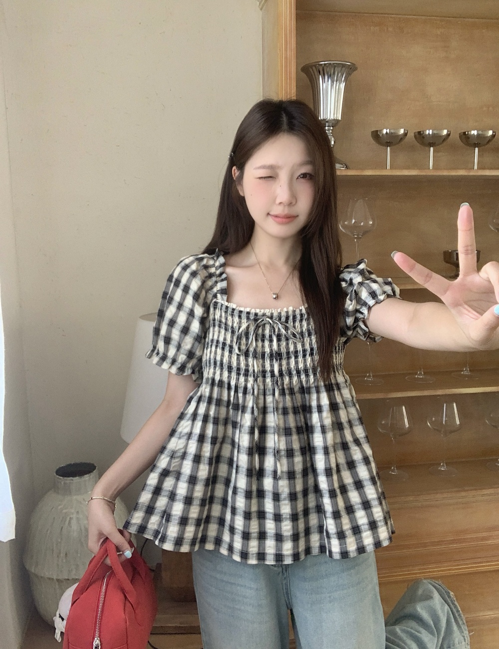 Plaid slim retro shirt large yard fat tops