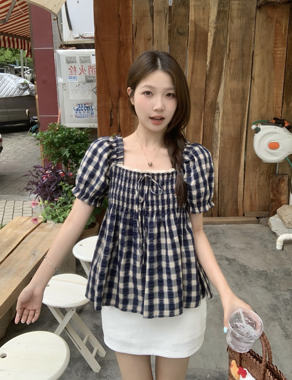 Plaid slim retro shirt large yard fat tops