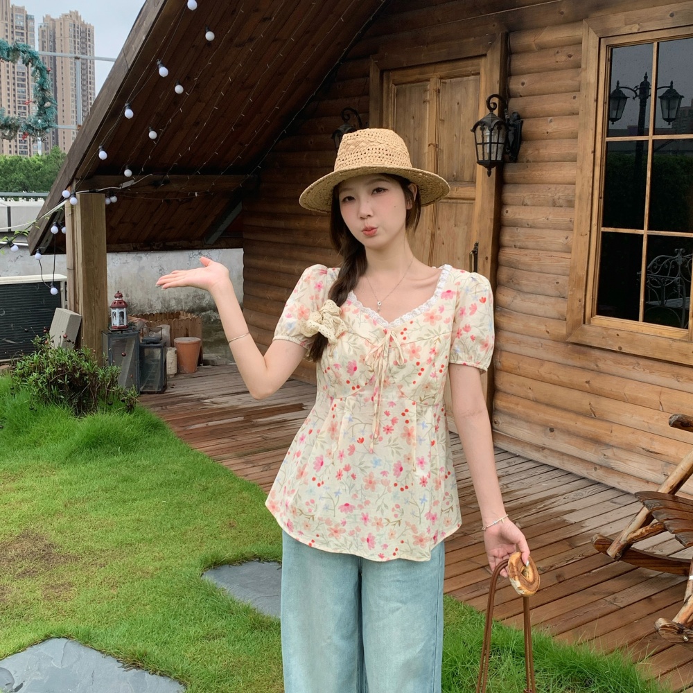 Sweet unique floral tops slim large yard shirt