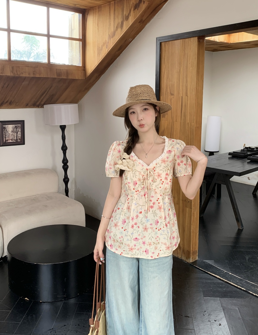 Sweet unique floral tops slim large yard shirt