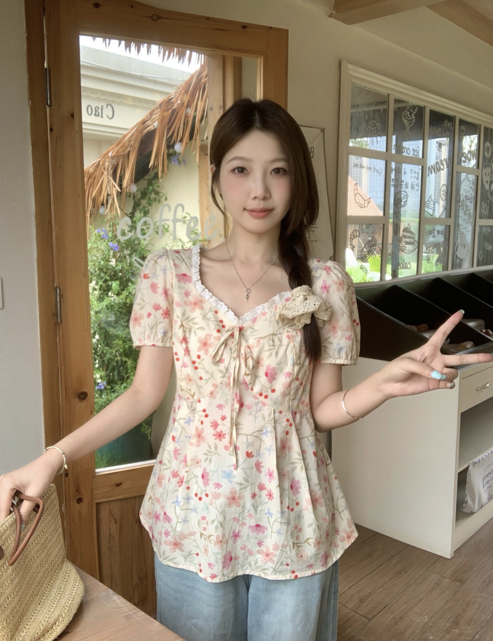 Sweet unique floral tops slim large yard shirt