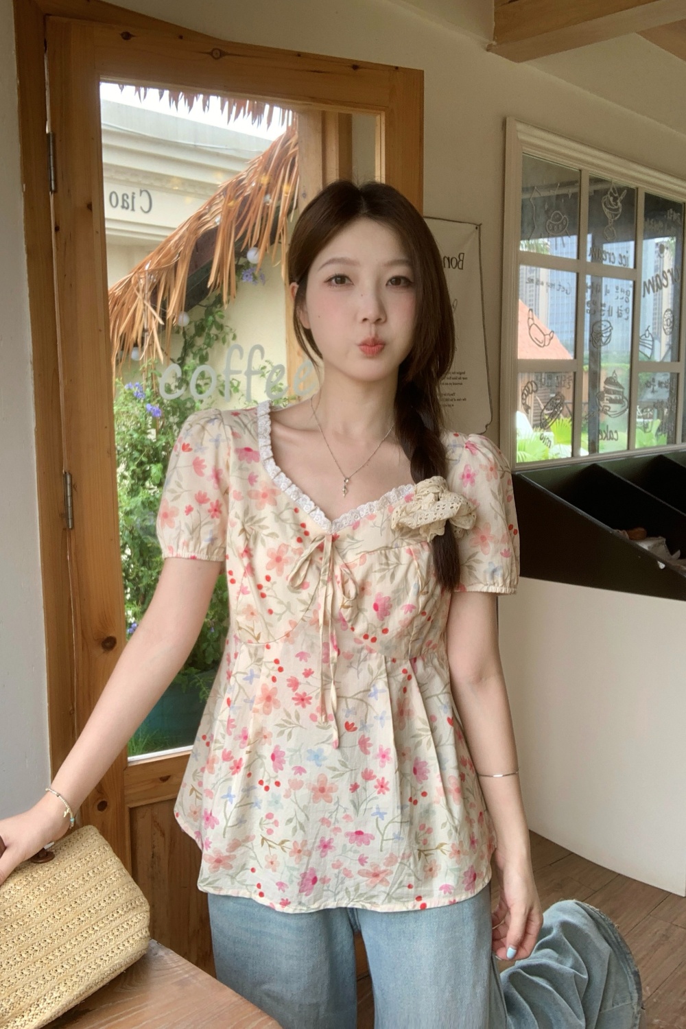 Sweet unique floral tops slim large yard shirt