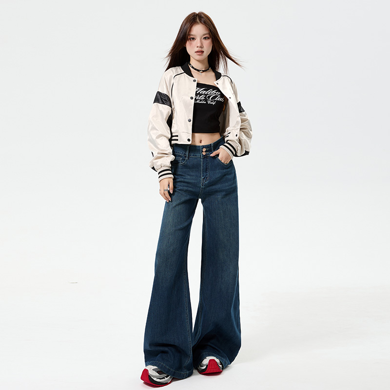 American style denim pants loose retro long pants for women