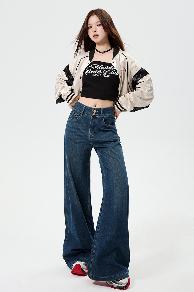 American style denim pants loose retro long pants for women