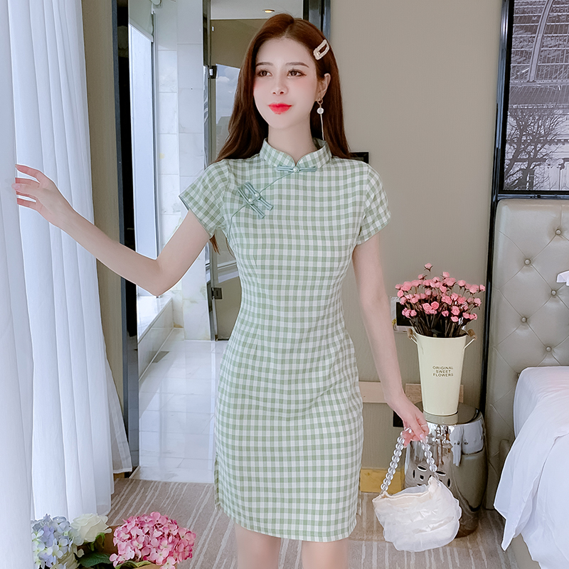 Maiden plaid cheongsam summer Chinese style dress