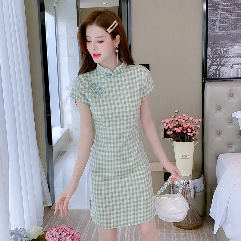 Maiden plaid cheongsam summer Chinese style dress