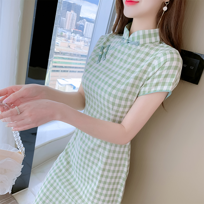 Maiden plaid cheongsam summer Chinese style dress