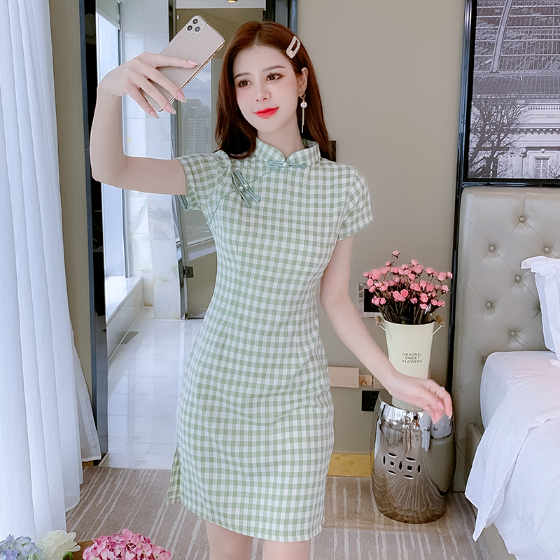 Maiden plaid cheongsam summer Chinese style dress
