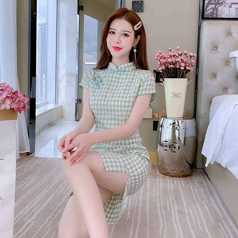 Maiden plaid cheongsam summer Chinese style dress