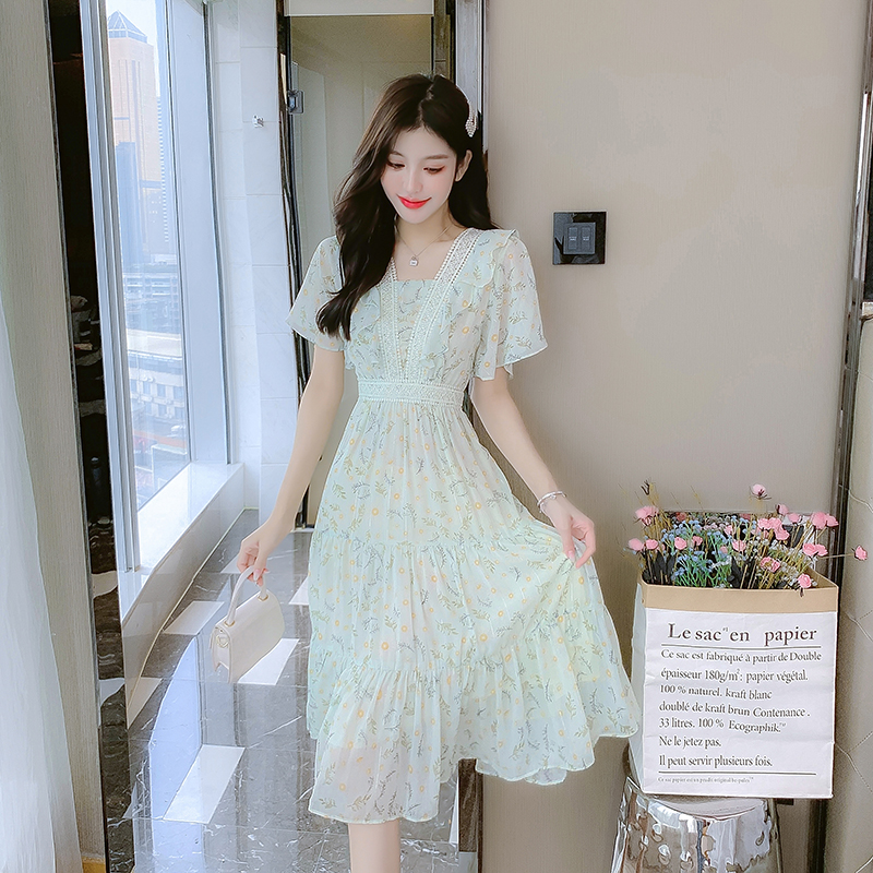 France style floral summer pinched waist slim chiffon dress