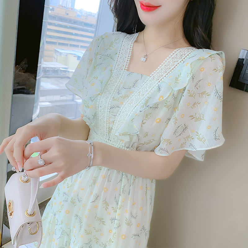 France style floral summer pinched waist slim chiffon dress