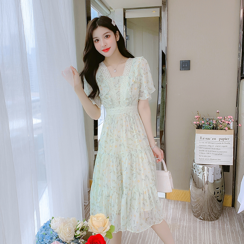 France style floral summer pinched waist slim chiffon dress