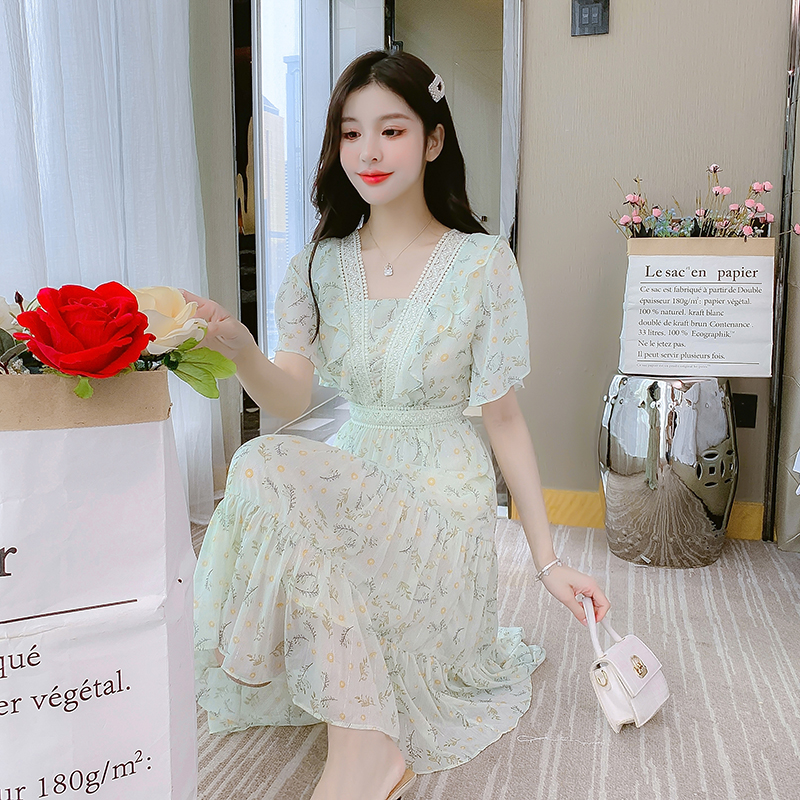 France style floral summer pinched waist slim chiffon dress