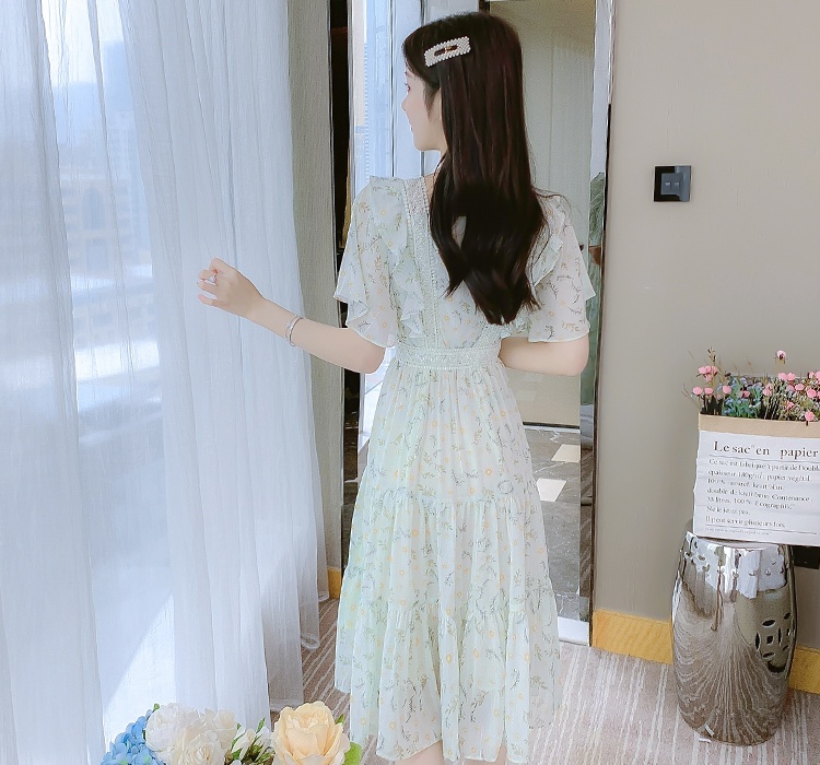 France style floral summer pinched waist slim chiffon dress