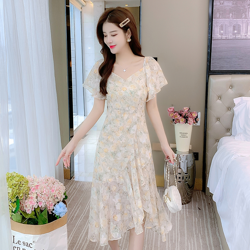Lady light temperament summer long floral dress
