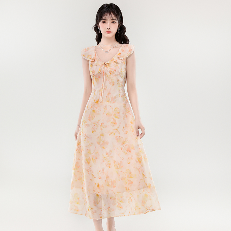 France style tender long dress pinched waist frenum dress