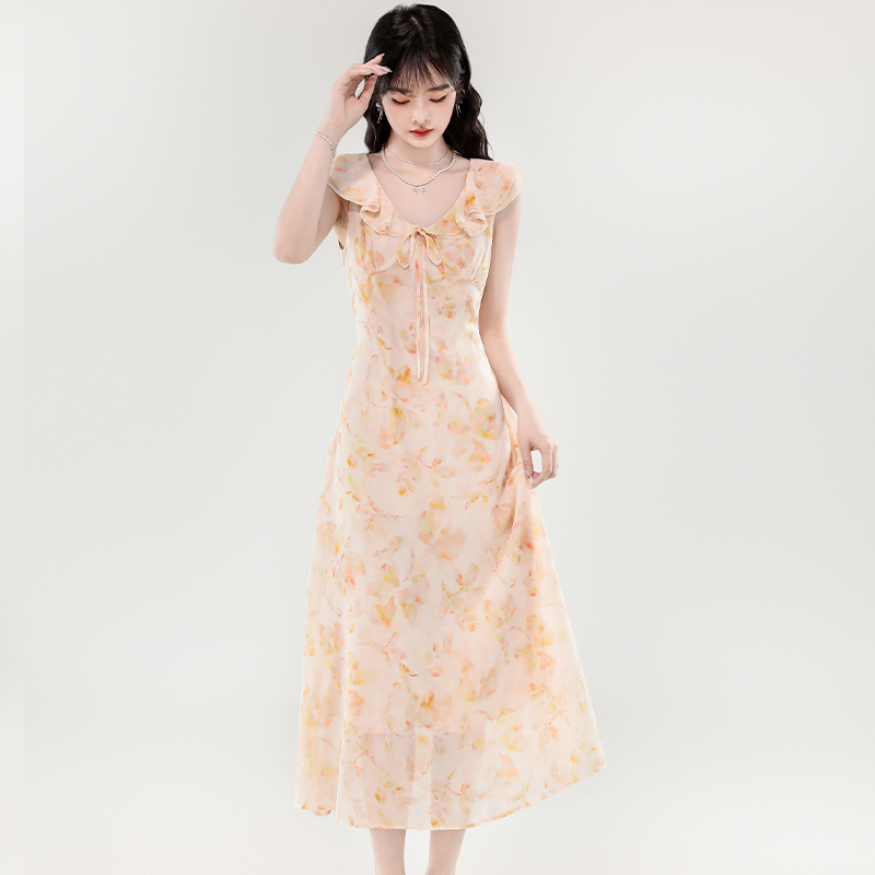 France style tender long dress pinched waist frenum dress