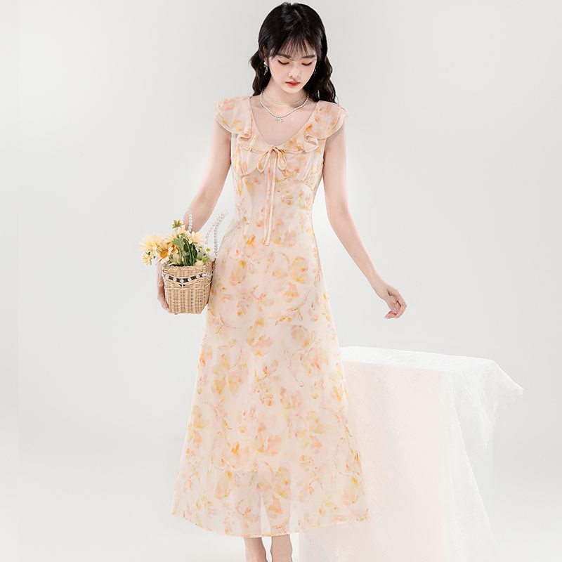 France style tender long dress pinched waist frenum dress