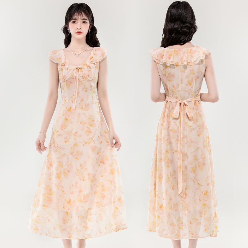 France style tender long dress pinched waist frenum dress