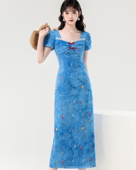 Niche embroidery long dress flowers blue dress for women