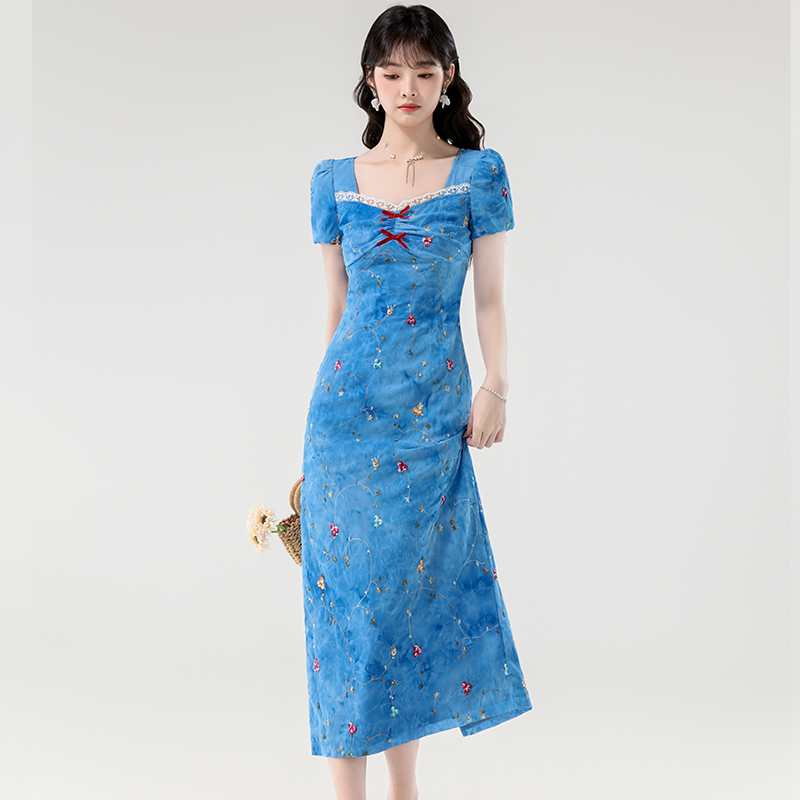 Niche embroidery long dress flowers blue dress for women