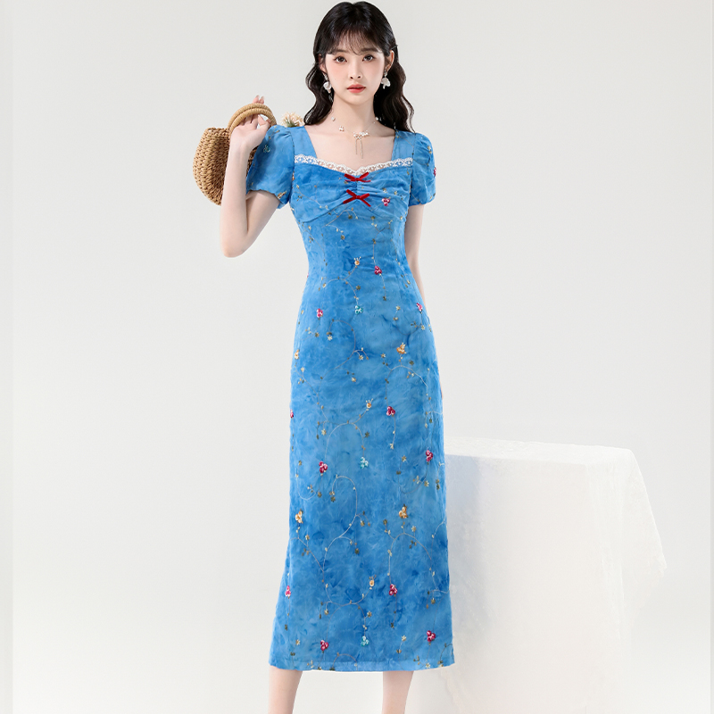 Niche embroidery long dress flowers blue dress for women