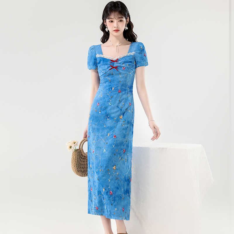 Niche embroidery long dress flowers blue dress for women