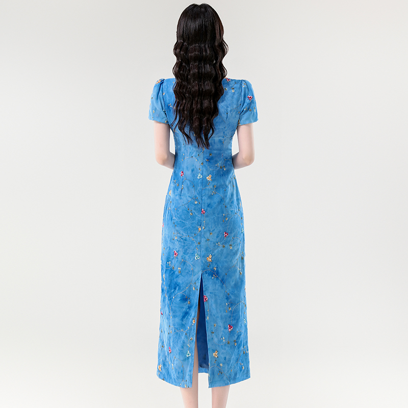 Niche embroidery long dress flowers blue dress for women
