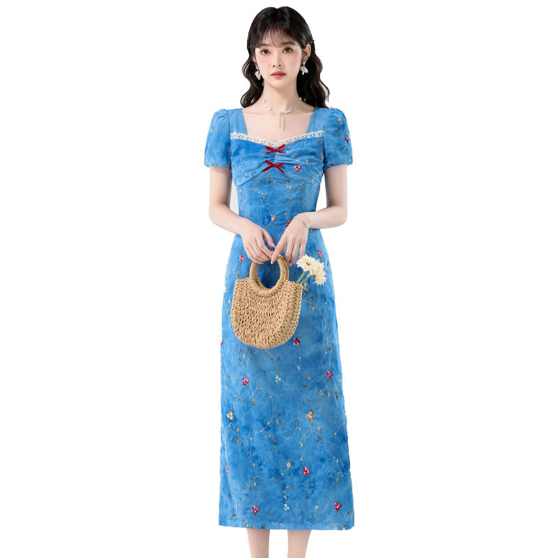 Niche embroidery long dress flowers blue dress for women