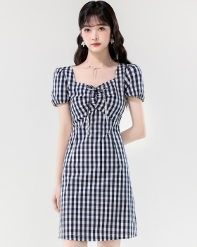 Retro summer puff sleeve diamond collar plaid light dress