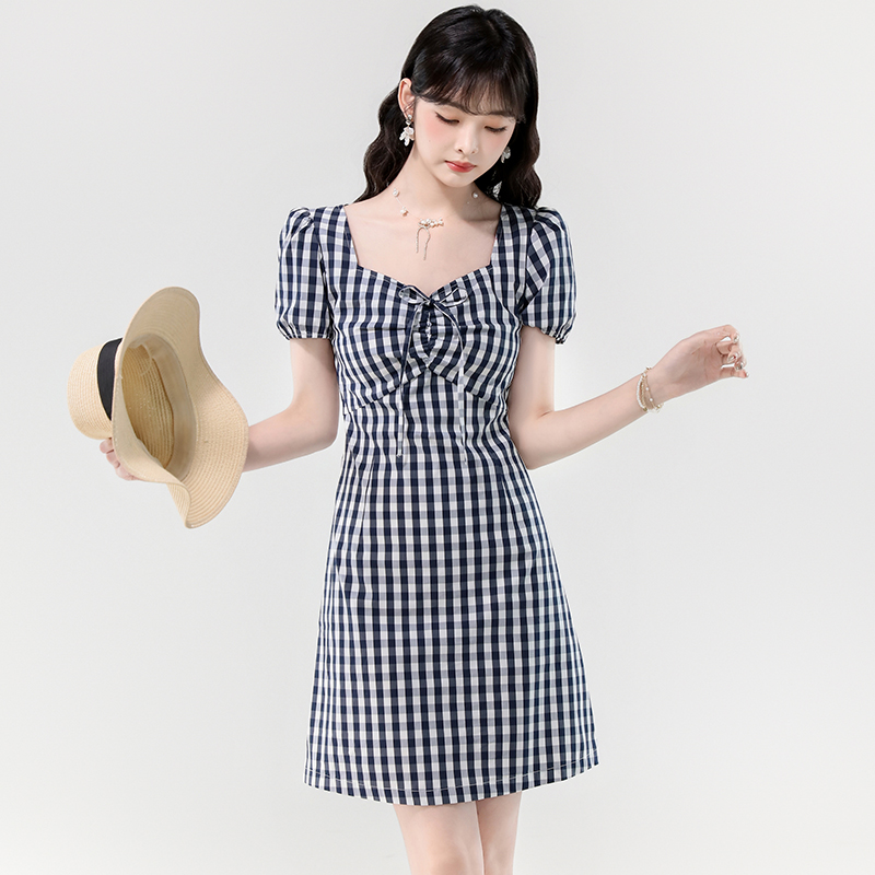 Retro summer puff sleeve diamond collar plaid light dress