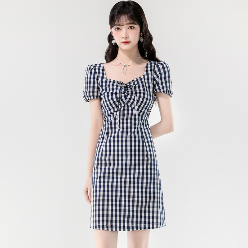 Retro summer puff sleeve diamond collar plaid light dress
