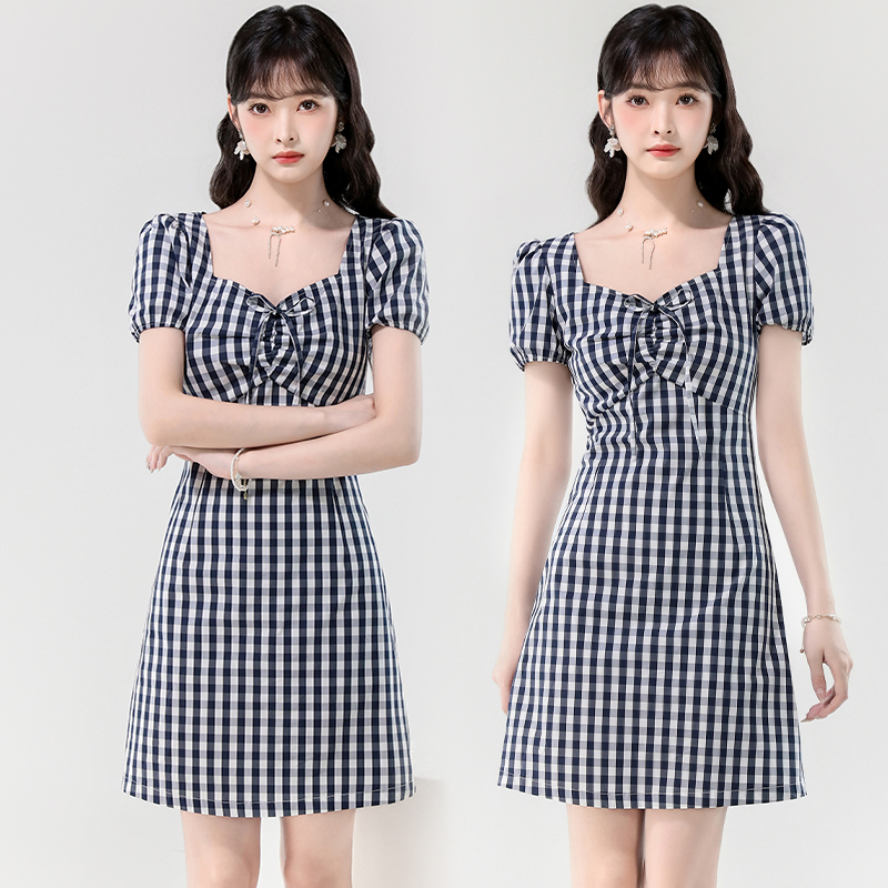 Retro summer puff sleeve diamond collar plaid light dress
