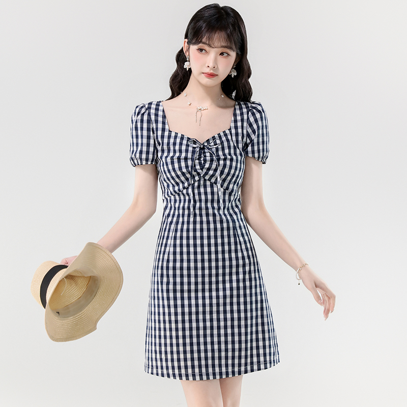 Retro summer puff sleeve diamond collar plaid light dress