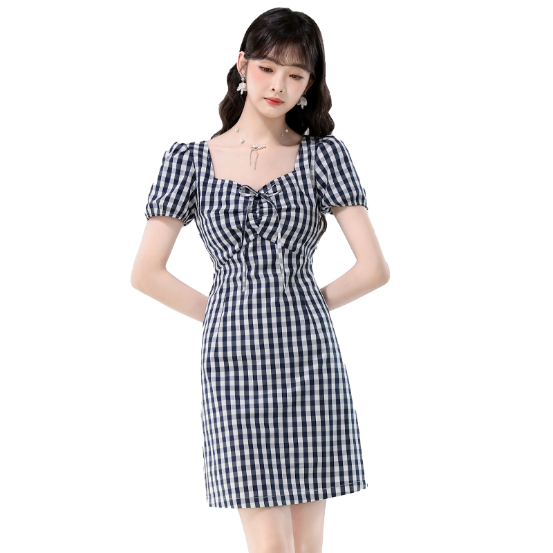 Retro summer puff sleeve diamond collar plaid light dress