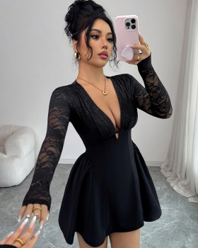 Splice lace long sleeve fashion pure dress