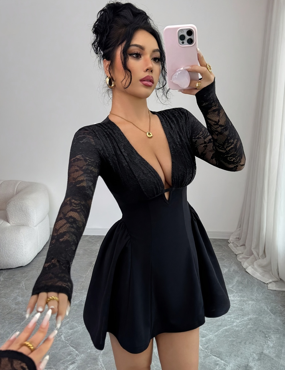 Splice lace long sleeve fashion pure dress