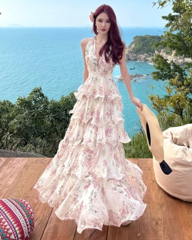 Halter printing dress V-neck France style long dress