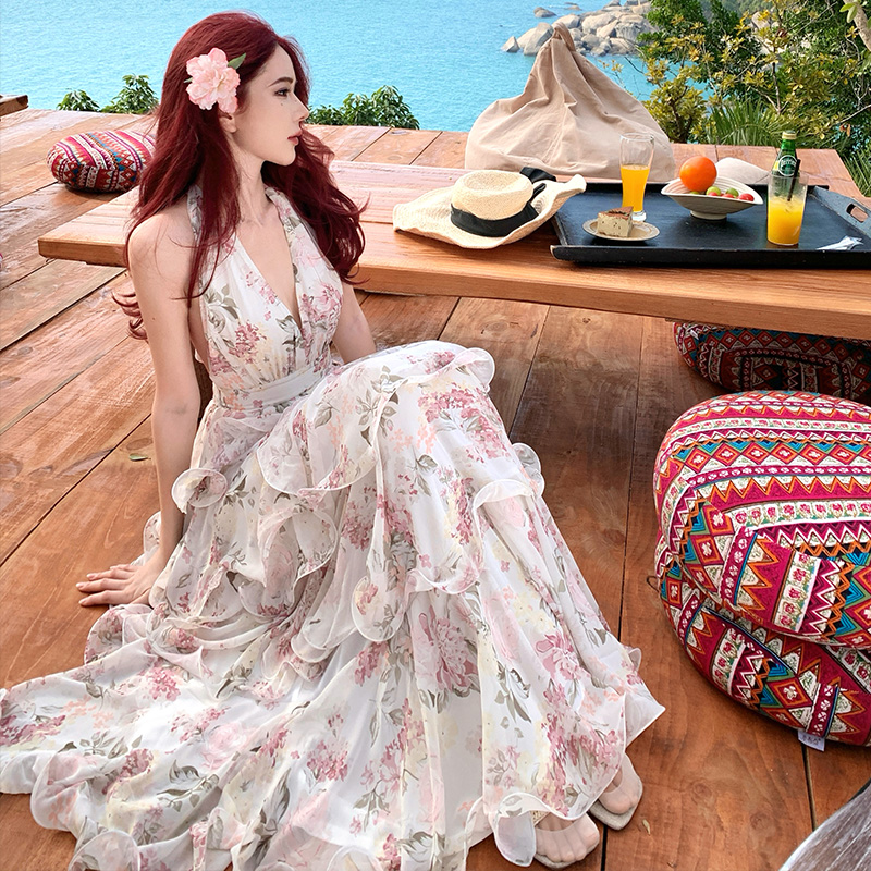 Halter printing dress V-neck France style long dress