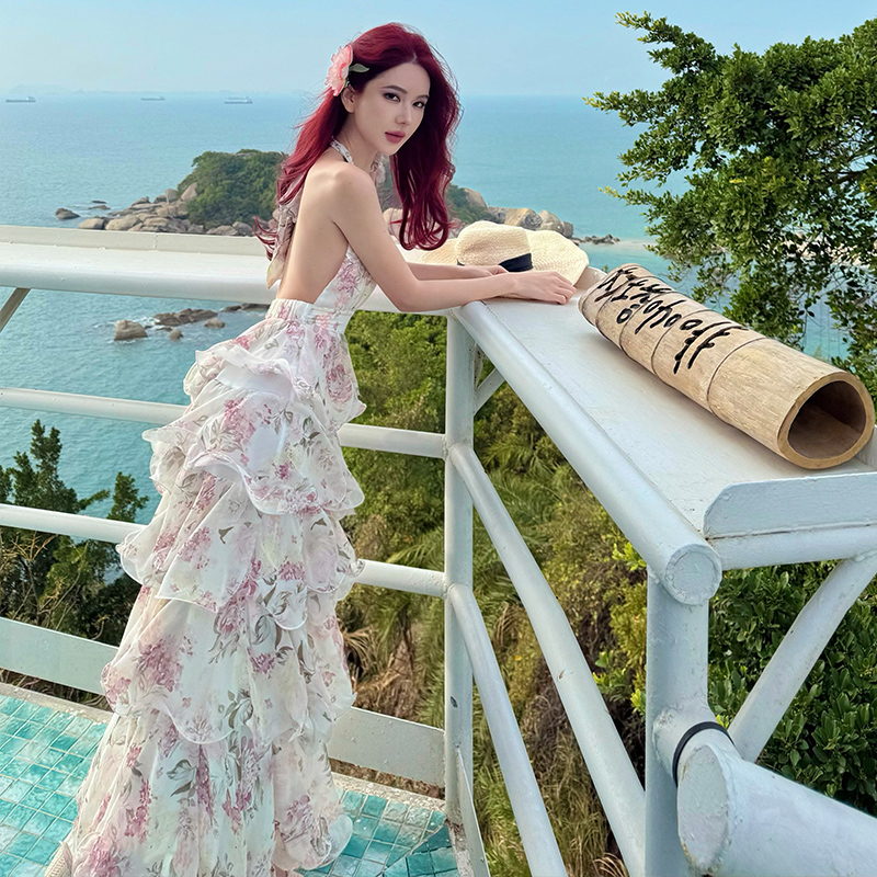 Halter printing dress V-neck France style long dress