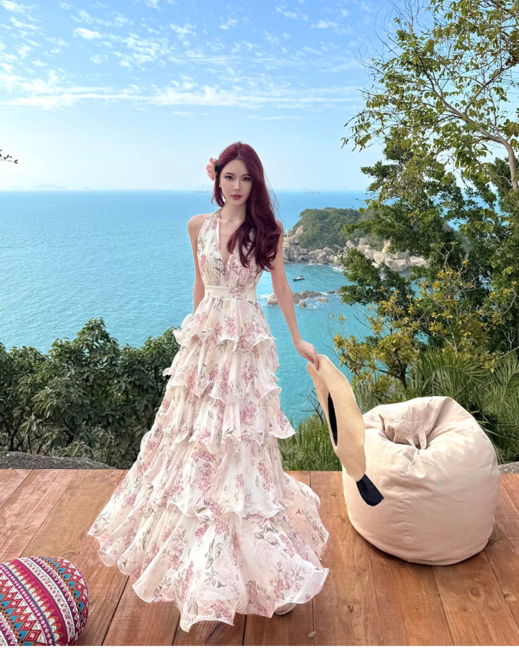 Halter printing dress V-neck France style long dress