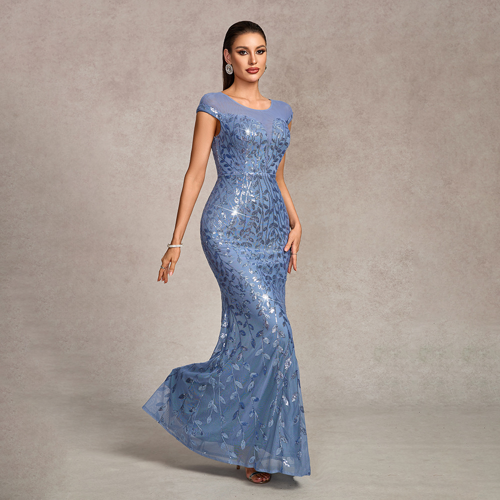 Embroidered elegant round neck gauze evening dress