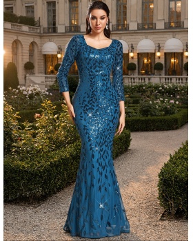 Round neck evening dress back zipper long dress