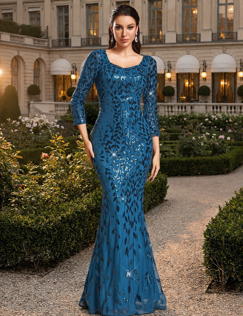 Round neck evening dress back zipper long dress