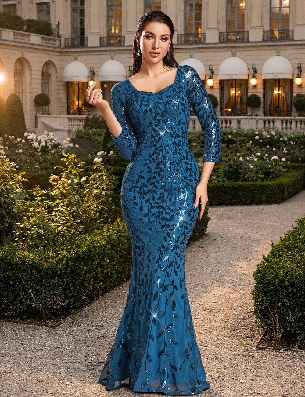 Round neck evening dress back zipper long dress