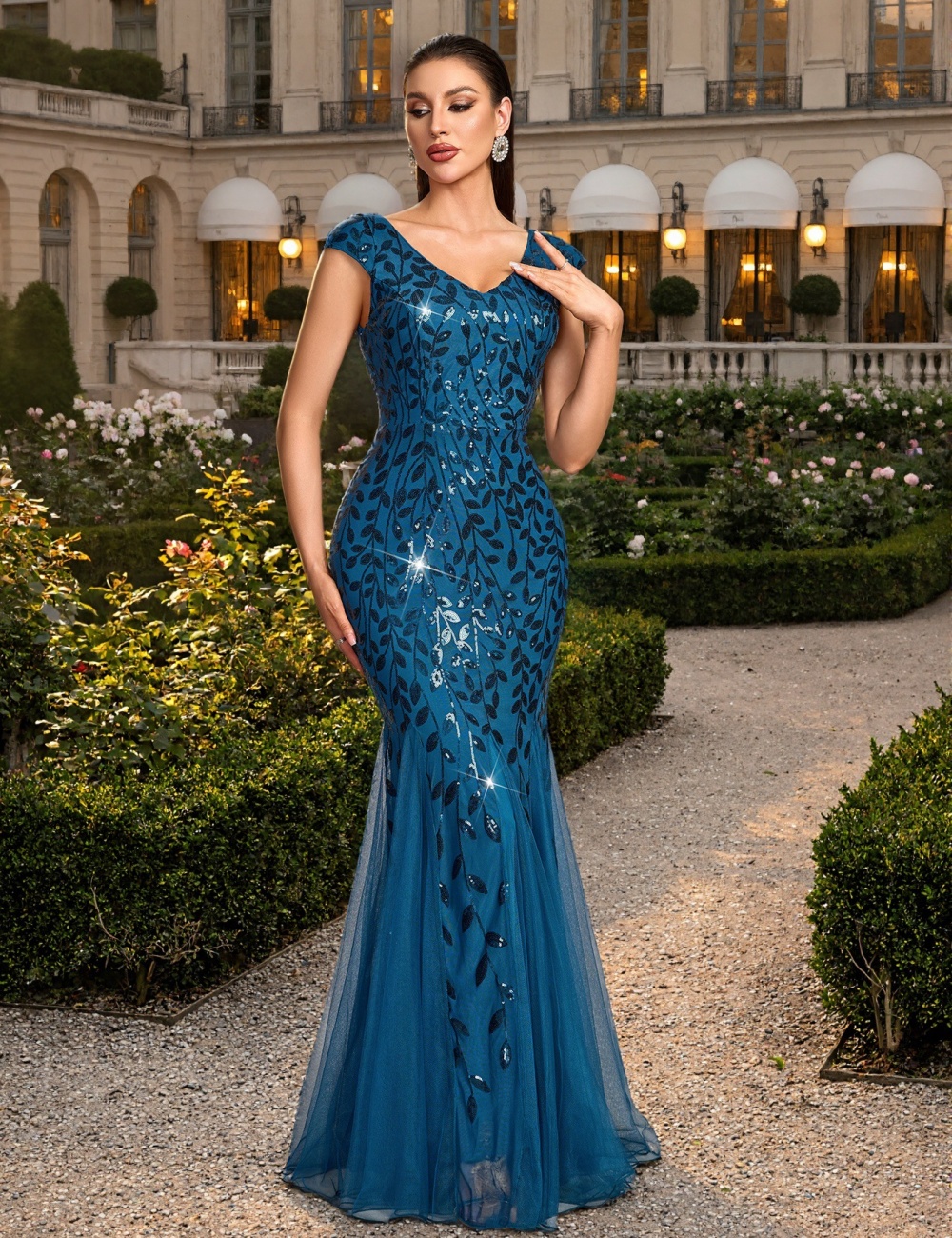 V-neck European style dress party mermaid evening dress